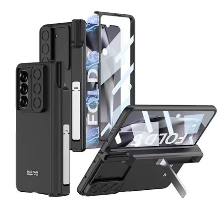 Hölje för Samsung Galaxy Z Fold 6 med gångjärnsskydd och S Pen-hållare, inbyggt skärmskydd och stativ
