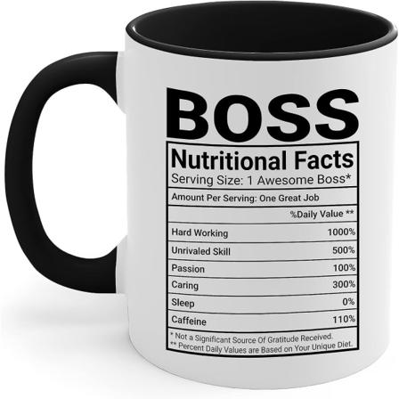 Boss-muki - Toimistolahjat pomolle, naisille ja miehille, hauskat ty lahjat, 1 pomon kahvimuki, Boss Lady, upeat lahjat pomoille, pomon ravintotiedot,
