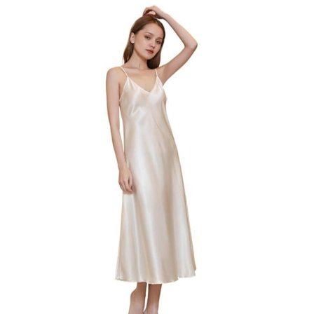 Satin Natkjole Silke Natkjoler til Kvinder V-hals champagne