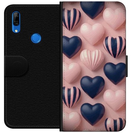Kompatibelt Lommeboketui til Huawei P Smart Z Myke tredimensjonale hjerter i rosa og marineblå toner i et romantisk mønster