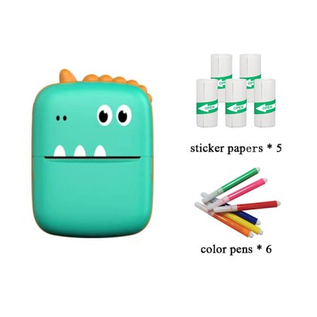 Liten Dinosaurie Mini Portabel Skrivare Grön + 5 Rullar Klistermärken + Färgade Pennor