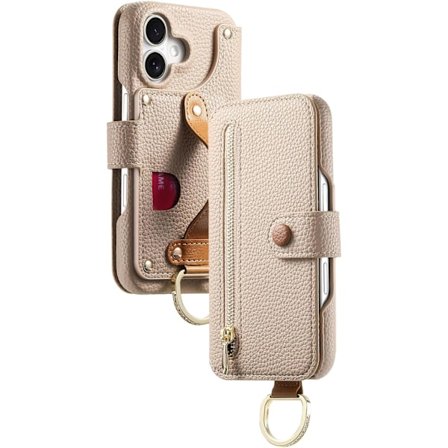 Läderfodral för iPhone 16 Pro Max/16 Pro/16 Plus/16, Handledsrem Flip Cover med Ring RFID-Blockering Zip-Plånbok