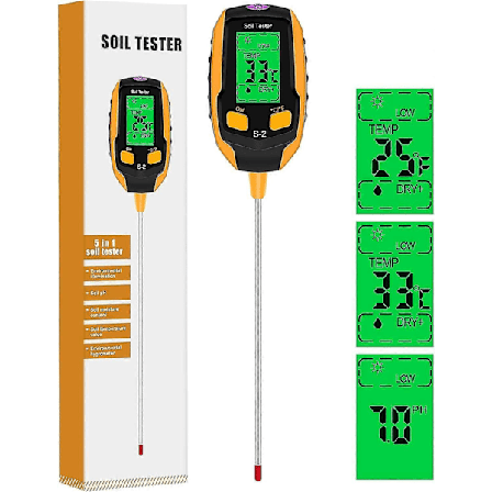 5-i-1 Jordtester pH-måler, Digitalt plantetermometer med belysningsstyrke/temperatur/jordfuktighet/jord pH/miljøfuktighet, for LGL