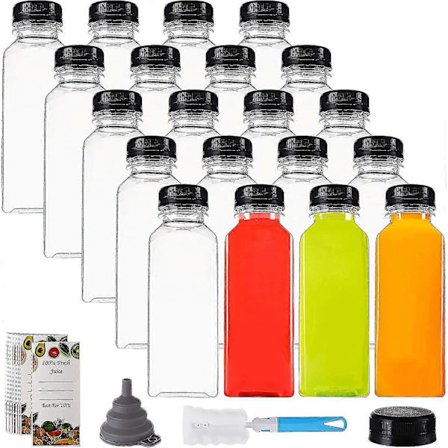 20 kpl 355 ml muovisia mehupulloja mustalla korkilla, kirkkaita uudelleenkäytettäviä astioita kansilla, loistavia kertakäyttöisiä pulloja mehun, 