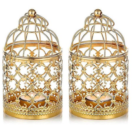 2 stk. Små metall telys, hengende fugleburlykter, gullfargede lyslykter, vintage bryllup og