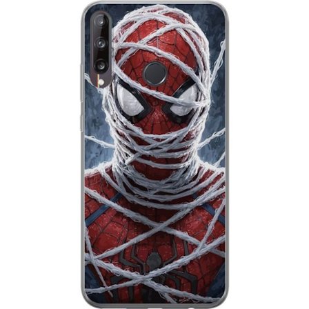 Huawei P40 lite E Läpinäkyvä kuori Spider-Man peitetty tiheillä hämähäkinseitseillä dramaattisessa lähikuvassa, joka korostaa maskin rakennet