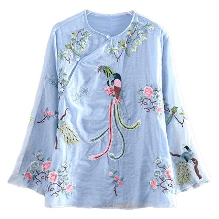 Broderede langærmede T-shirts til kvinder, bluser med etniske blomster og fugle, tunika toppe, traditionelt tøj