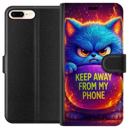 Yhteensopiva Lompakkokotelo Apple Apple iPhone 7 Plus Vihainen pörröinen sininen kissa, jossa teksti "Pidä loitolla puhelimestani" neonväreillä j