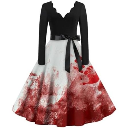 BTBDYDH Halloween Klänning Retro Långärmad V-ringad Klänning Utsvängd Vintage Hepburn Klänningar Pumpa Fladdermus Häxa Tryckt Cosplay Party Kostym 