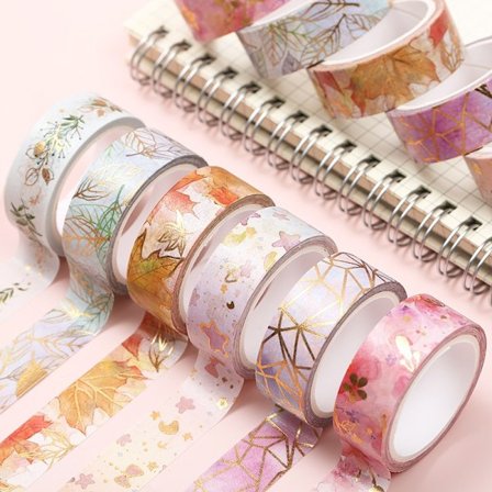 6 ruller med blomstrete Washi-tape, dekorativt sett i gullfolie - Perfekt