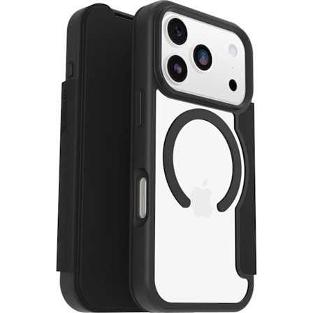 Otterbox React Series Folio MagSafe -kotelo iPhone 17 Prolle, iskunkestävä, pudotussuoja, korttipaikka, sotilastestattu - Läpinäkyvä/Musta