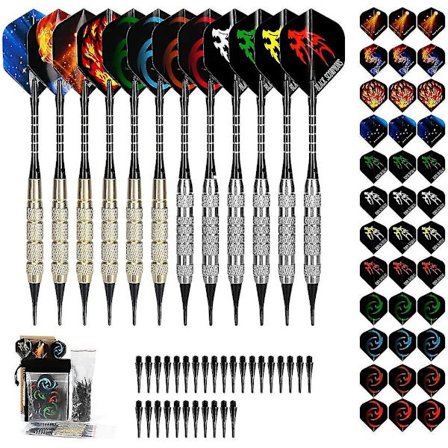 Plastspiss Dart, 18g Soft Tip Dartsett for elektronisk darttavle, 12 dartpiler med 36 flights og 100 spisser, 20 gummi O-ringer