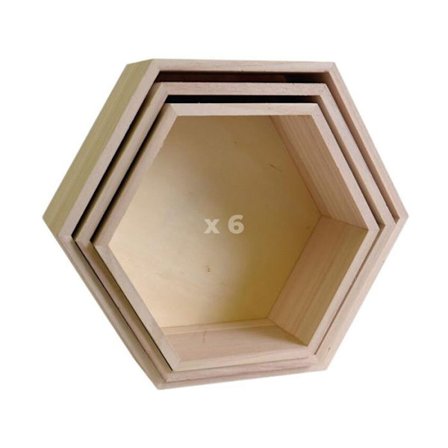 6 blokke af 3 hexagonale hylder i træ 24-30 cm
