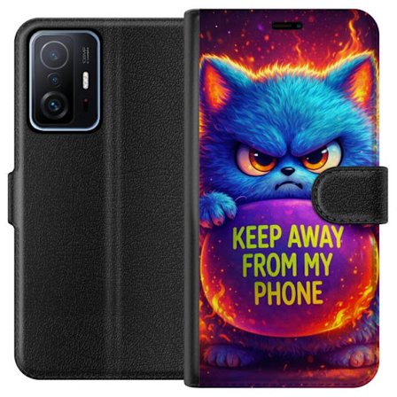 Kompatibelt Lommeboketui til Xiaomi Xiaomi 11T Sinna lodne blå katt med teksten "Hold deg unna telefonen min" i neonfarger og ildlignende effekter, h