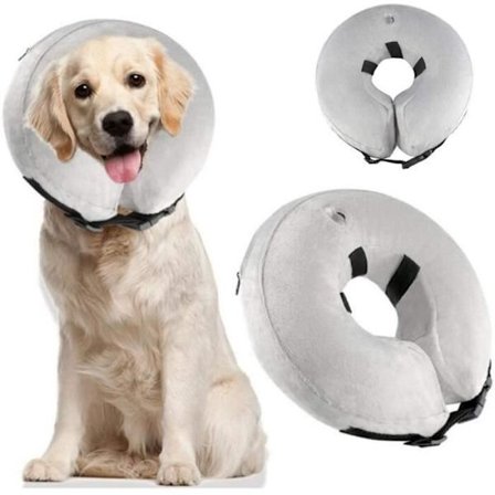 Oppustelig genoptræningskrave med spænde til hunde og katte, komfortabel justerbar beskyttelseskrave, L, grå