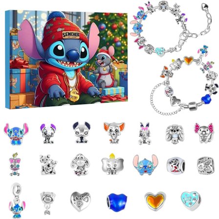 Stitch Adventskalender Armband 2024 Flickor 24 Dagar Julnedräkning Kalender DIY Smyckestillverkningssats 22 Charm Beads 2 Armband