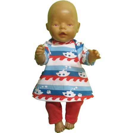 Sött set i mönstrad och röd trikå till Baby Born, dockkläder