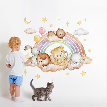 1 stk. Regnbue Dyre Veggdekorasjoner Tegneserie Dyr som Sove på Skyer Veggklistremerker Vinyl Skrell og Fest Veggdekor Selvklebende Veggkunst 
