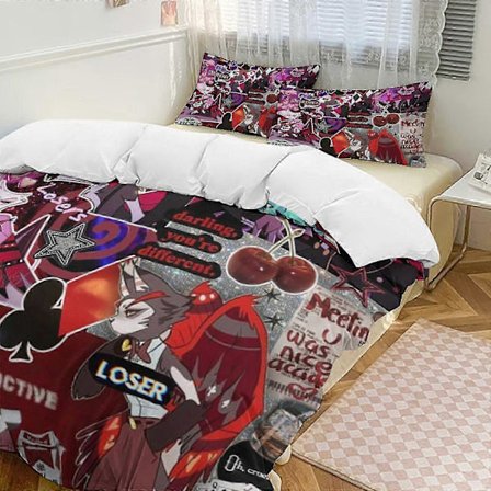 o2437 Sengelinned Hazbin Hotel 3-delt enkeltsengsæt - Inkluderer enkelt dyne og pudebetræk sengetøj - Falmebestandig mikrofiber - Hazbin Hotel Lc