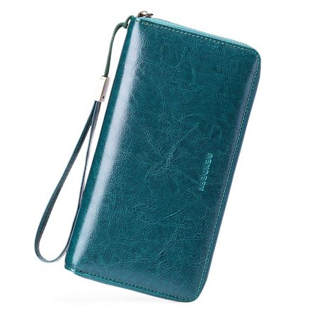 Dam plånbok RFID-blockerande läder dragkedja plånbok koppling handledsrem rese lång plånbok, Rfid plånbok (påfågelblå)