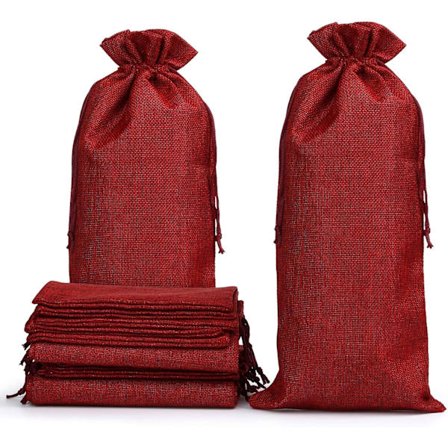 12 stk. Jute Vinposer Hessian Vinflaske Gaveposer med Snøre Genanvendelige Gaveposer med Snøre 36 x 16 cm Rød