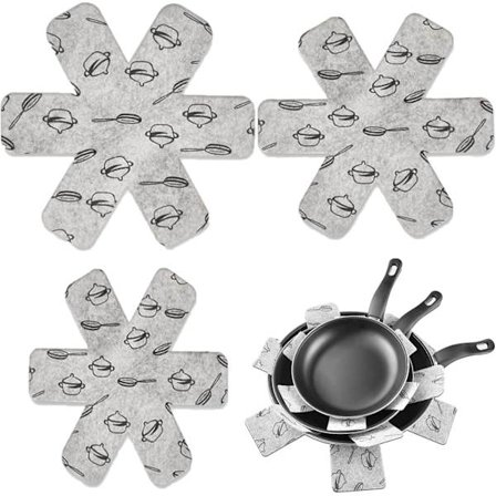 Sett med 3 gryte- og pannebeskyttere 3 skillevegger i forskjellige størrelser Varmebestandige og vaskbare skillevegger Sklisikre laminerte beskyttere 