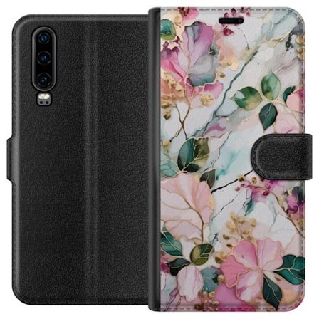 Kompatibel Tegnebogsetui til Huawei P30 Abstrakt marmormønster med blomster, blade og gyldne detaljer i bløde pastelfarver