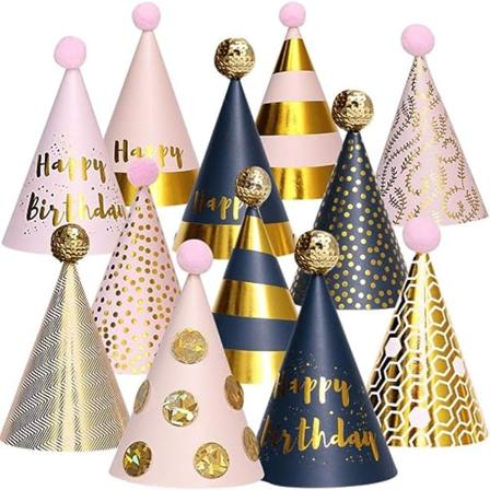 Fødselsdagsfest hatte - Sjovt fest sæt med 12 guld Happy Birthd