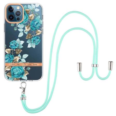 YB IMD Series IML Flexible Phone Case iPhone 12 Pro Max 6.7 inch, galvaniseret telefonbeskyttelsescover med justerbar skulderrem - Blå Rose Blue