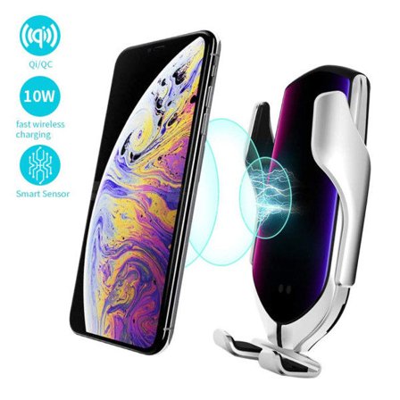 Metallisk Mobilholder Bil Trådløs Oplader QI 10W Hurtigoplader Billader med Automatisk Fastspænding Sensor Sølv