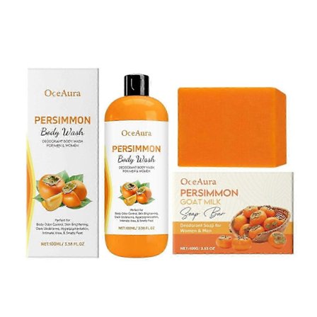 Persimmon Body Wash + Persimmon Sæbebar Sæt til Kontrol af Kropslugt, Rensende Deodoriserende Kropssæbe til Eliminering af Lugt, Hud Lysnende