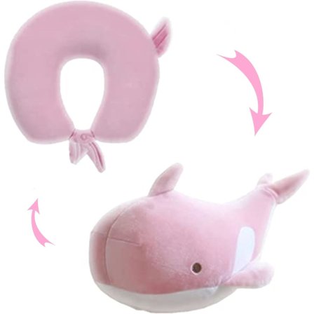 2-i-1 Resekudde för Barn - Mjuk och Bedårande Djur Vändbar till en U-formad Nackkudde - Stresslindring - Komfort för Flygplan - Rosa Val