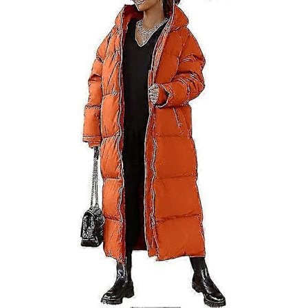 Lang quiltet damefrakke, langærmet pufferjakke med hætte