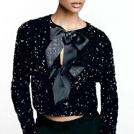 Svart Sequinjacka med Slips Framtill, Kort Jacka