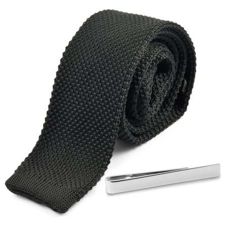 Black Knitted Necktie and Silver-Tone Tie Bar Set for Men - Necktie Sets