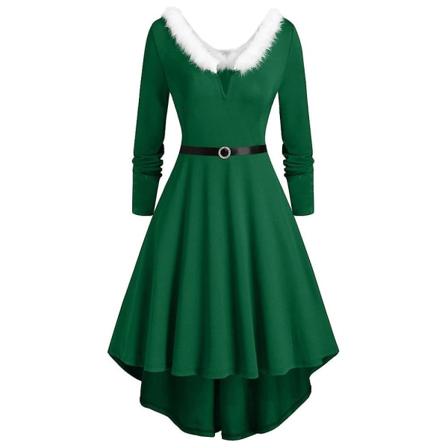 Jul Kvinner Solid Langermet Høy Lav Midi Kjole Julenissen Cosplay Swing Skater Kjoler Julefest Fancy Dress Up kostyme Green L