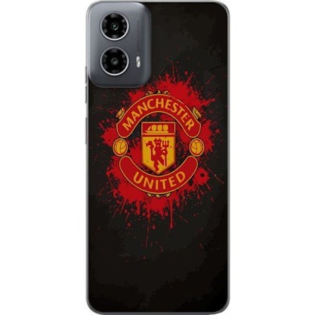 Kompatibelt Mobildeksel til Motorola Motorola Moto G34 Manchester United logo i rød og gul farge med røff sportslig bakgrunn