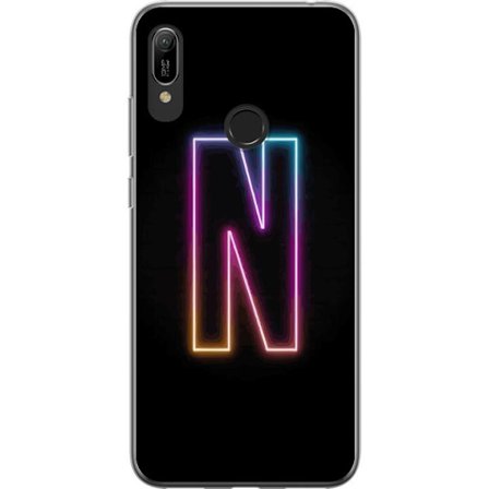 Kompatibelt Mobilskal till Huawei Huawei Y6 (2019) Minimalistisk neonbokstav N i färgskiftande ljus mot svart bakgrund