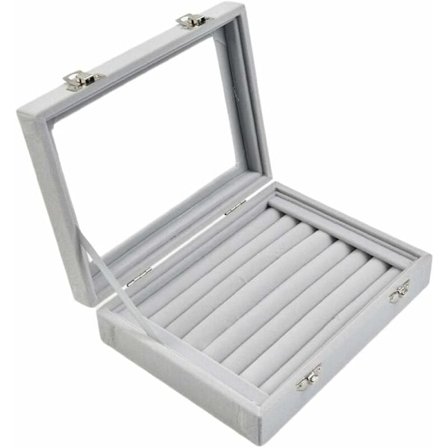 Smykkeskrin i fløjl med glaslåg, 7 rum, opbevaring til ringe - Organizer til småting