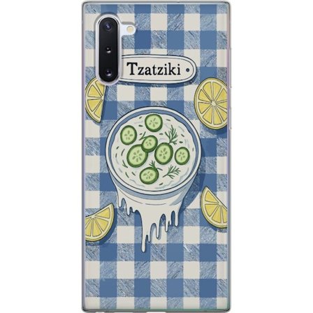 Kompatibelt Mobilskal till Samsung Samsung Galaxy Note10 Grekisk tzatzikiskål illustration, gurka citron dill blått rutigt mönster, köksplansch de