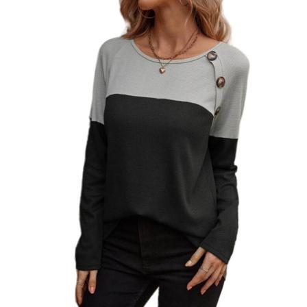 Kvinnor Långärmad Color Block Pullover Crew Neck Waffle T-shirt