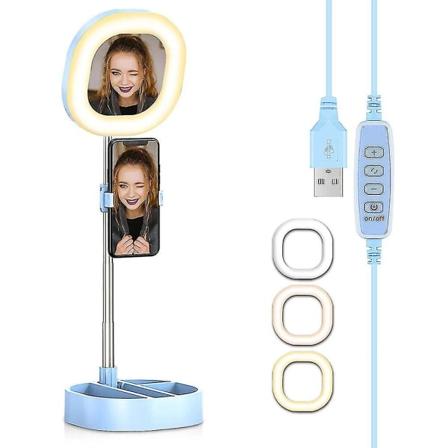 Taitettava LED-rengasvalo peilillä ja puhelimen pidikkeellä, 3 väritilaa ja 10 kirkkautta videoiden suoratoistoon, meikkiin ja valokuvaamiseen
