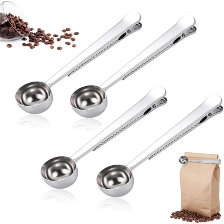 4 stk. Sæt Kaffeske Mælkepulverske Ske med Forseglingsclips Med Clips Robust og Holdbar Sølv Velegnet til instant kaffe eller