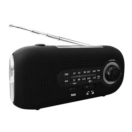 Nødradio Solradio AM/FM med sveiv, SOS-alarm og LED-lommelykt, 2000mAh batteri