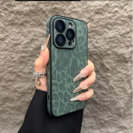 Etui til iPhone 14 Mørkegrøn Leopard print læder linse film