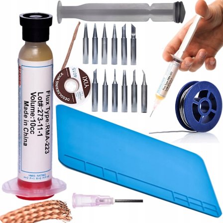 Täydellinen Juotossetti Rosfix – 12 Juotinpäätä 900M | Flux RMA-223 | Tina 0,8mm | Antistaattinen Matto 30x20cm