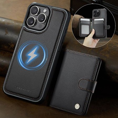 (För iPhone 16 Pro) Magnetiskt PU-lädertelefonfodral med avtagbar plånbok och kickstand, RFID-skydd, 6 kortplatser