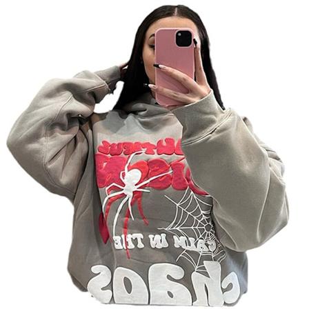 Herr Y2k Spindelmönster Grafisk Vintage Hoodie grey L