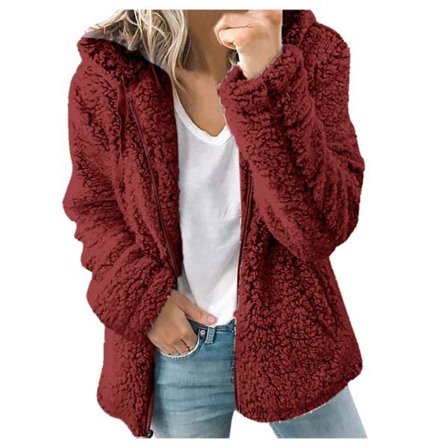 Fleece Fluffy Hettegenser Dame Langermet Jakke Vinter Varm Teddybjørn Cardigan Rød