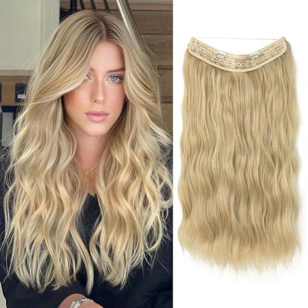 Halo Hair Extensions Osynlig tråd Vågigt lockigt långa syntetiska hårstycken för kvinnor Justerbart pannband 22613 24 inch